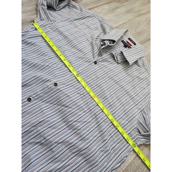 Tommy Hilfiger 80s 2 Ply Fabric Button Up Shirt Blue Brown White Stripe Sz L EUC - Picture 6 of 9